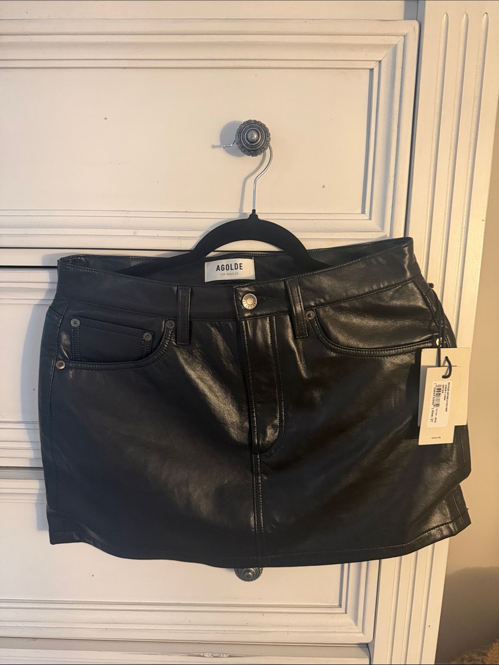 Agolde Black Recycled Leather Mini Skirt with Five-Pocket Detail